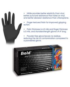 Chemglass Life Sciences Gloves, Medium, 9.4 In L, Beaded Wrist Cuff, Nitrile Glove, Black Glove
