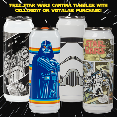 Through June 3rd, buy 4 cases of product from CELLTREAT or VistaLab Technologies, get 1 of 4 Star Wars Cantina Tumblers FREE!
