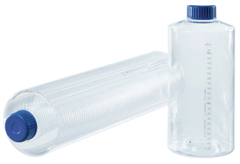 Shop cell culture roller bottles from Greiner Bio-One available in standard polystyrene (PS), polystyrene (PS) filter cap, and polyethylene terephthalate (PET). 